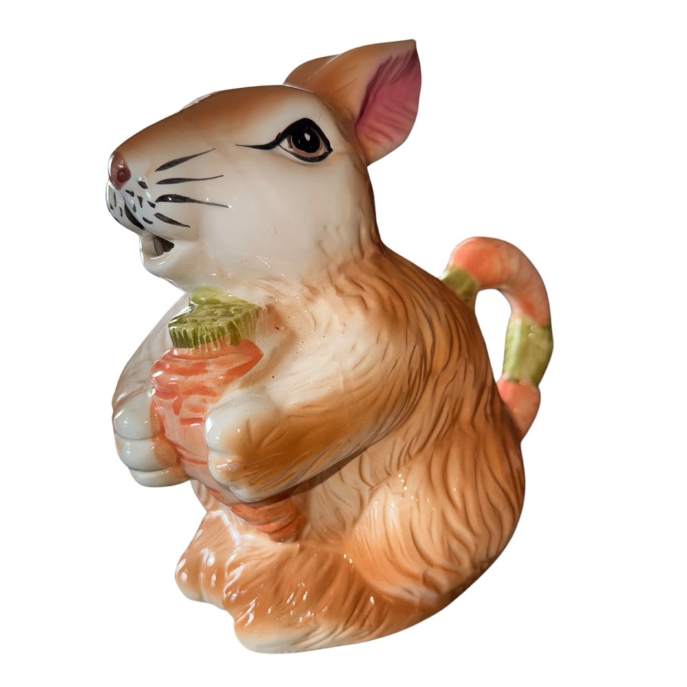 Vintage Porcelain Glazed Easter Bunny Pitcher Carrot Handle Rabbit Carafe Spring